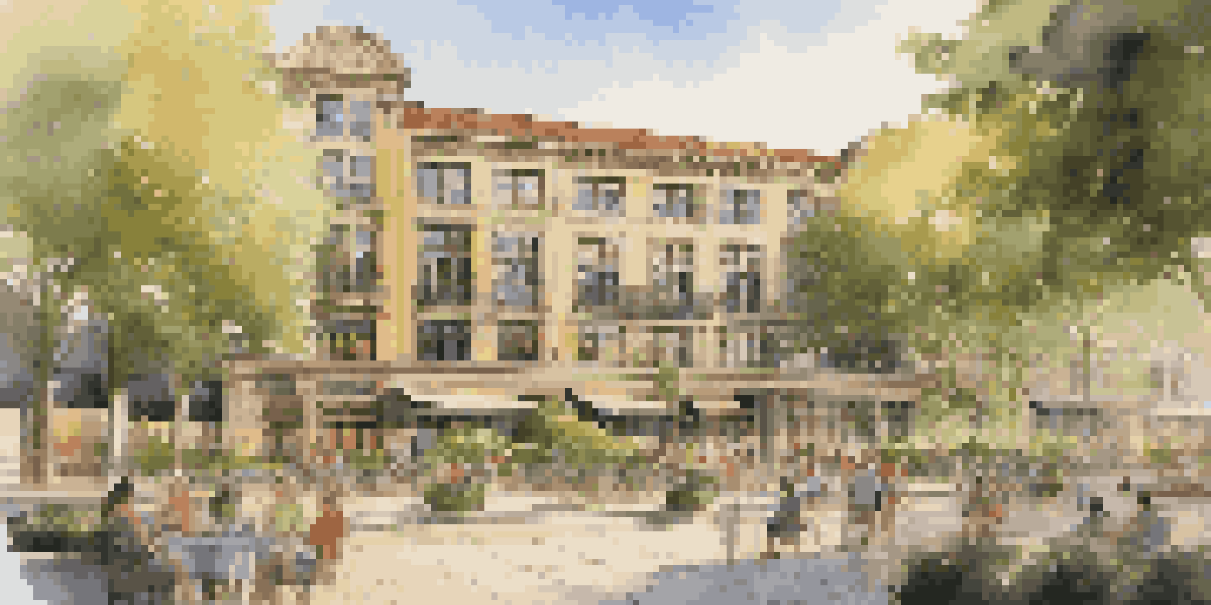 A transformed historic building in an urban setting, surrounded by greenery and people enjoying the plaza, illuminated by golden hour sunlight.