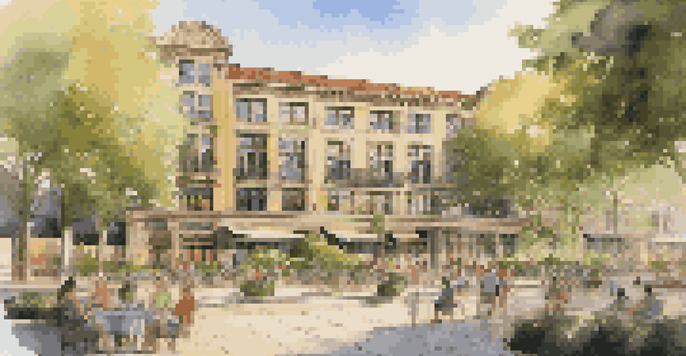A transformed historic building in an urban setting, surrounded by greenery and people enjoying the plaza, illuminated by golden hour sunlight.