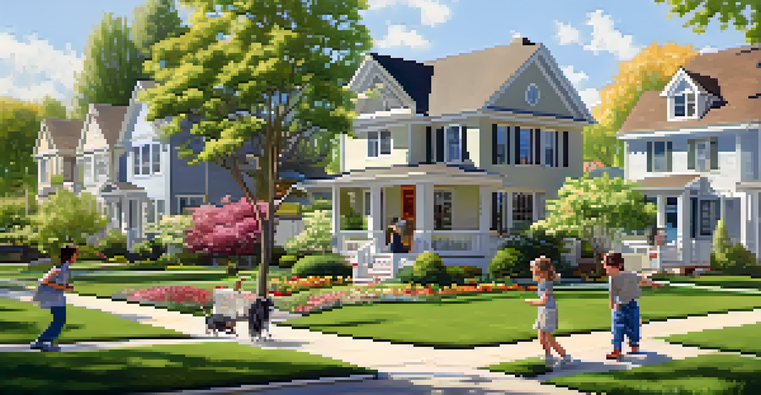 A peaceful suburban neighborhood in spring with single-family homes, blooming flowers, children playing, and a couple walking a dog.