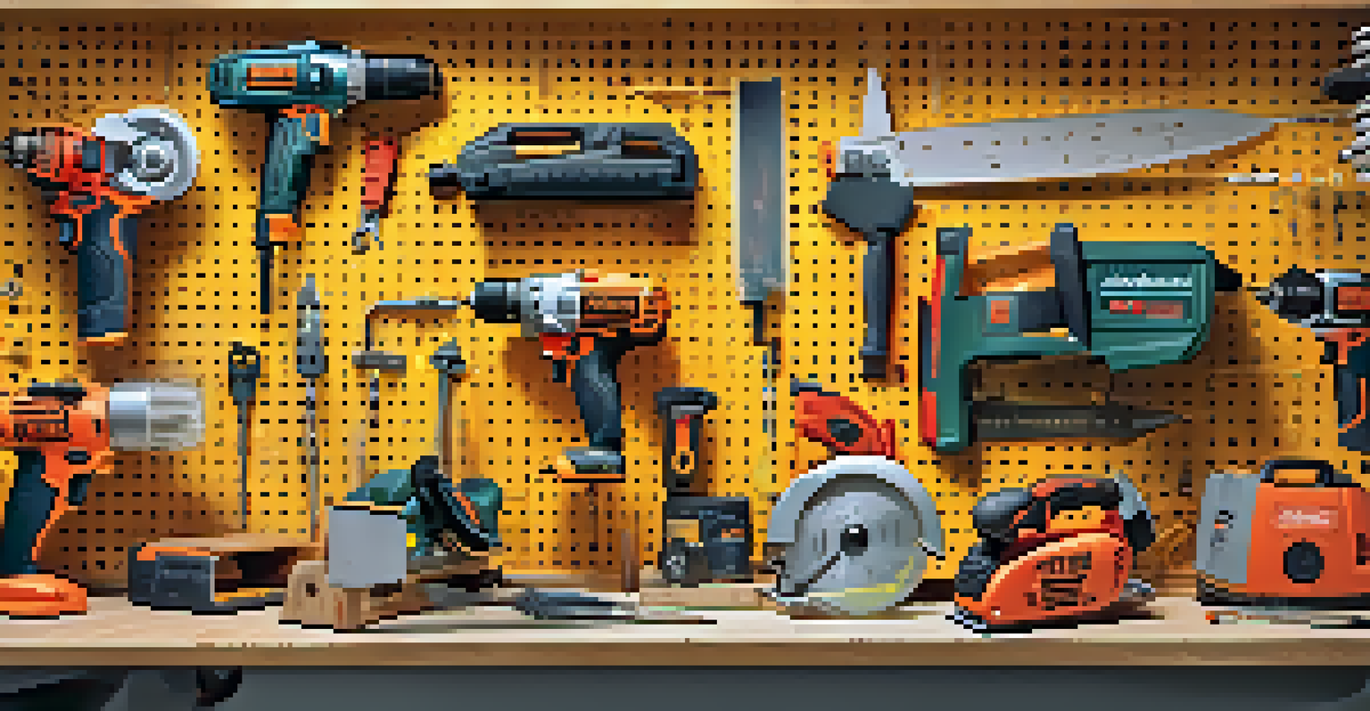 An organized workbench displaying power tools and safety gear in a well-lit workshop.