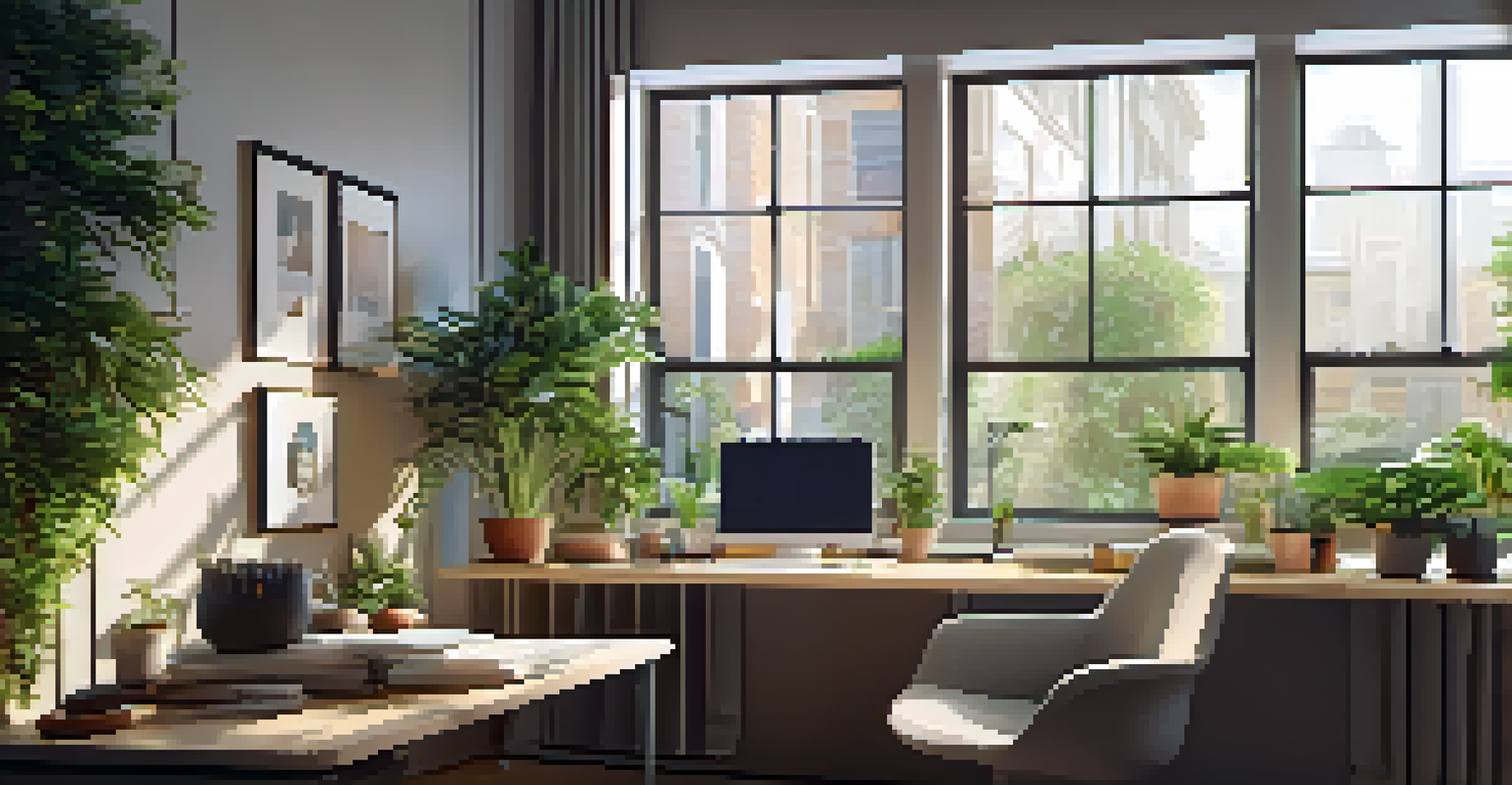 A modern workspace with layered lighting, a sleek desk lamp, and a large window showcasing a sunlit view with plants.
