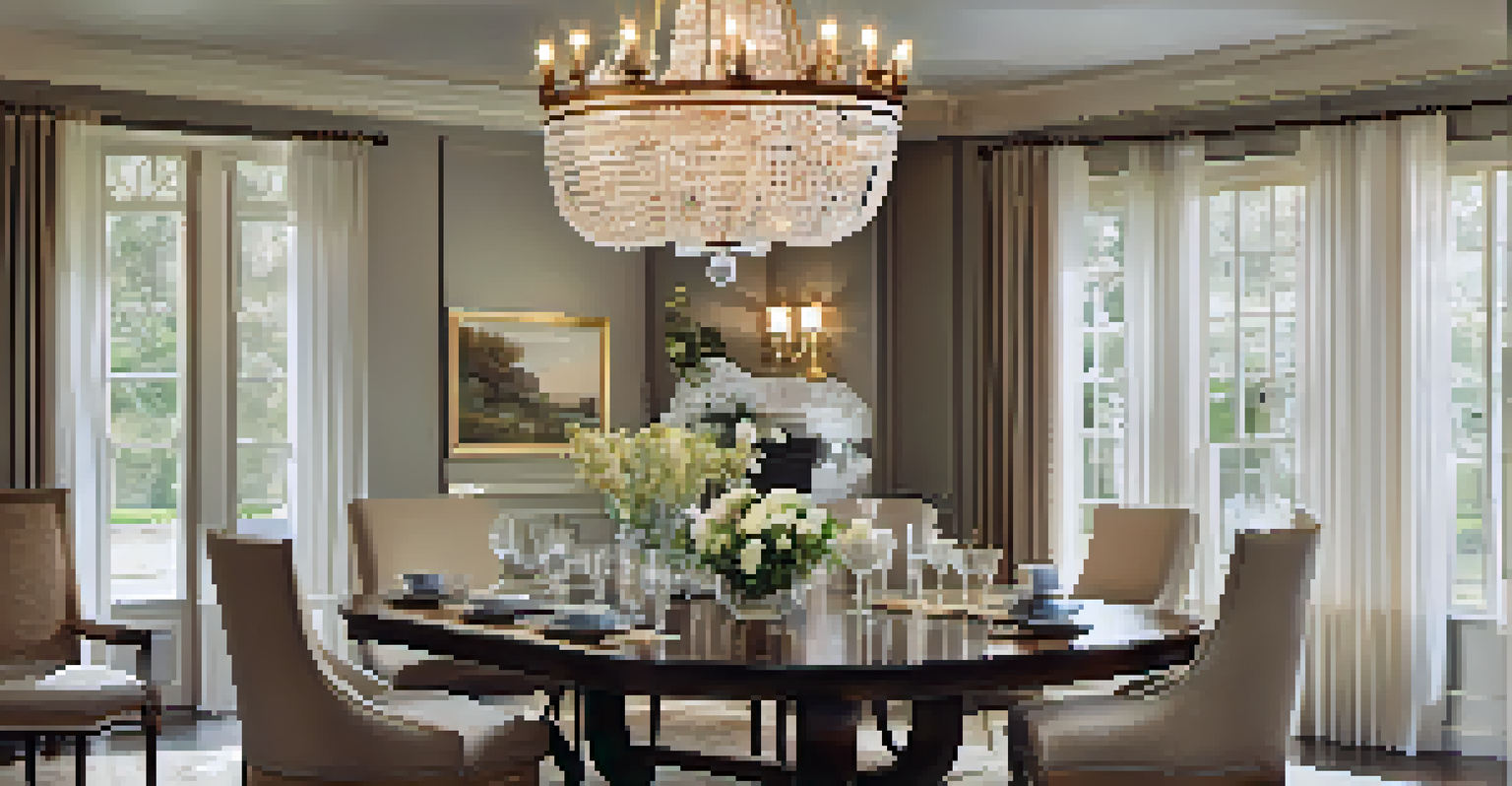 An elegant dining room with a chandelier above a set dining table, illuminated by soft wall sconces and natural light.