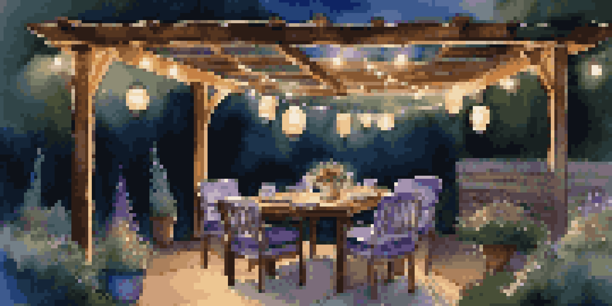 A cozy backyard at dusk with string lights and a rustic table set for dinner, surrounded by glowing lanterns and a gradient sky.