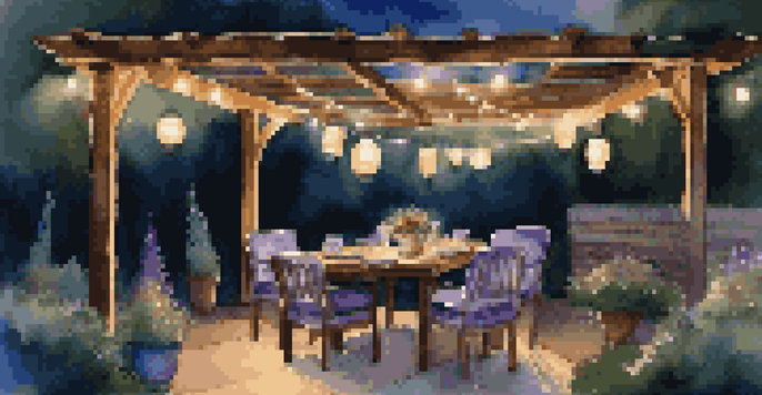 A cozy backyard at dusk with string lights and a rustic table set for dinner, surrounded by glowing lanterns and a gradient sky.