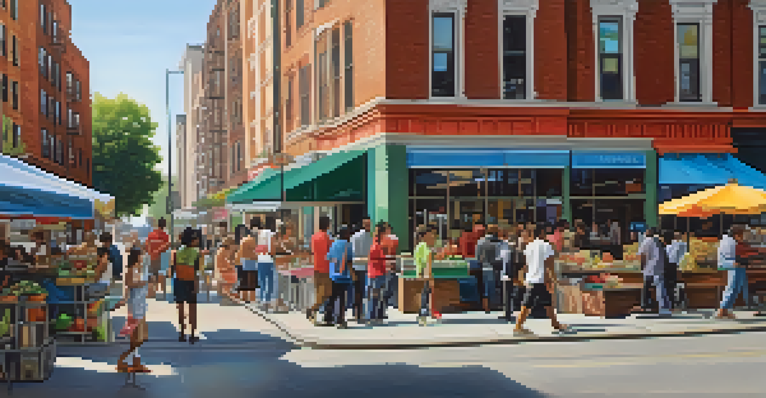 A vibrant urban scene with young people walking past modern apartments and street vendors.