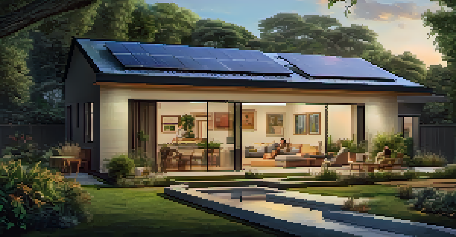 A modern home with solar panels and a lush garden, featuring a family enjoying their backyard.