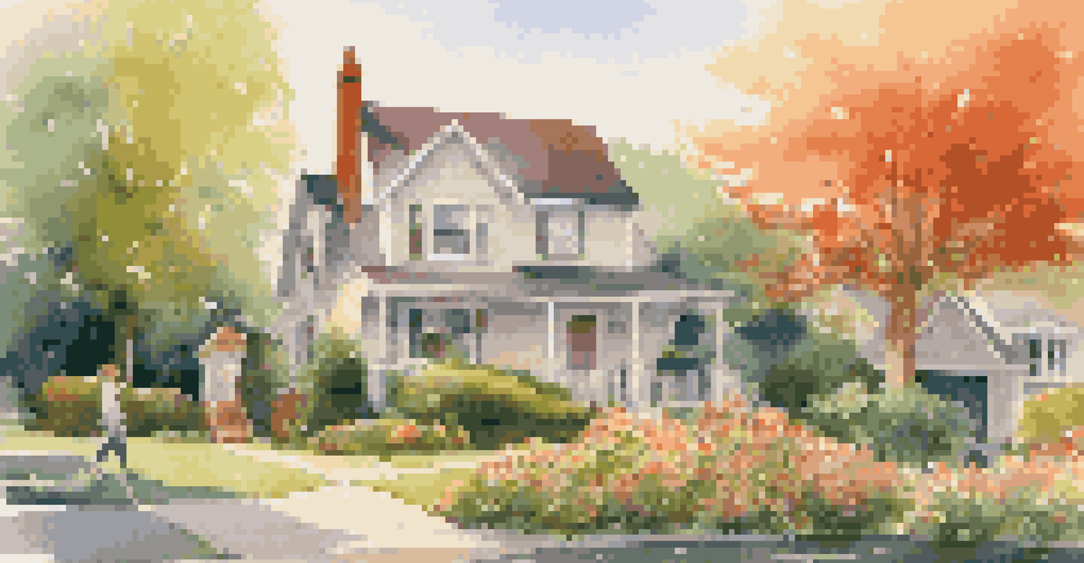 A peaceful suburban neighborhood with a couple looking at a 'For Sale' sign in front of a house.