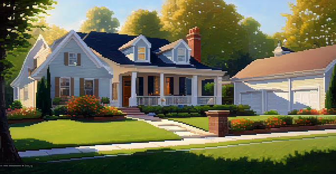 A family happily discussing their new home in a suburban neighborhood with modern houses and blooming flowers under warm sunlight.