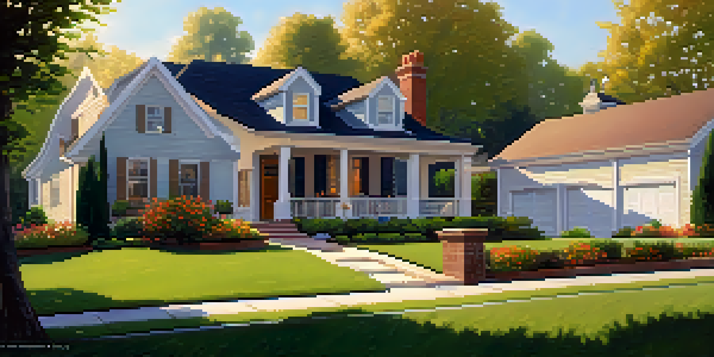 A family happily discussing their new home in a suburban neighborhood with modern houses and blooming flowers under warm sunlight.