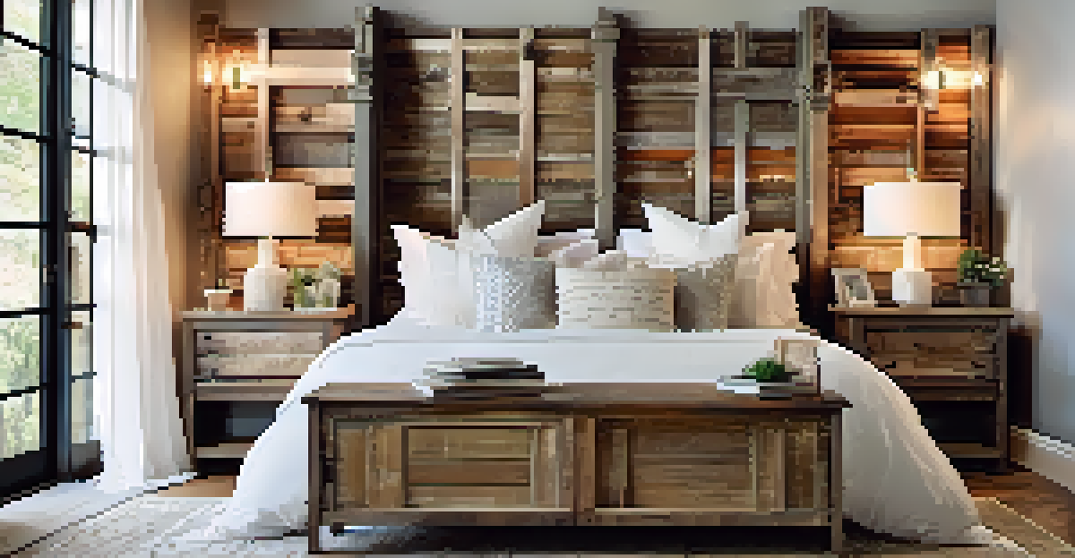 A stylish bedroom with a headboard made from salvaged doors and soft, inviting bedding.