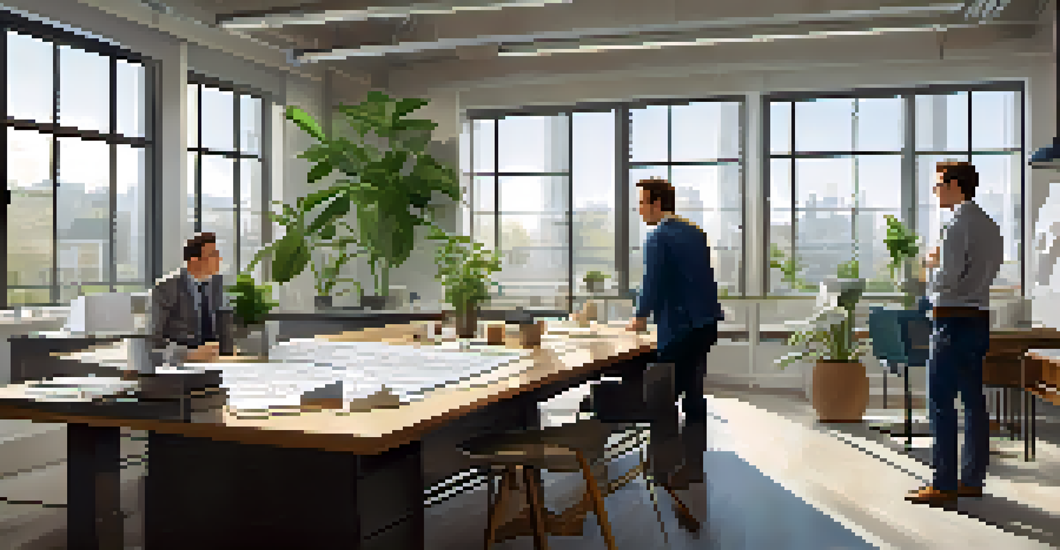 An office scene with a contractor and client discussing blueprints and contracts at a table, surrounded by plants and modern decor.
