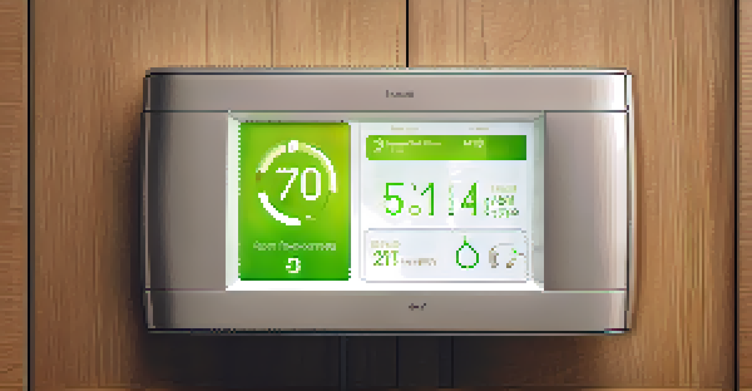A close-up of a smart thermostat displaying energy statistics in a stylish room.