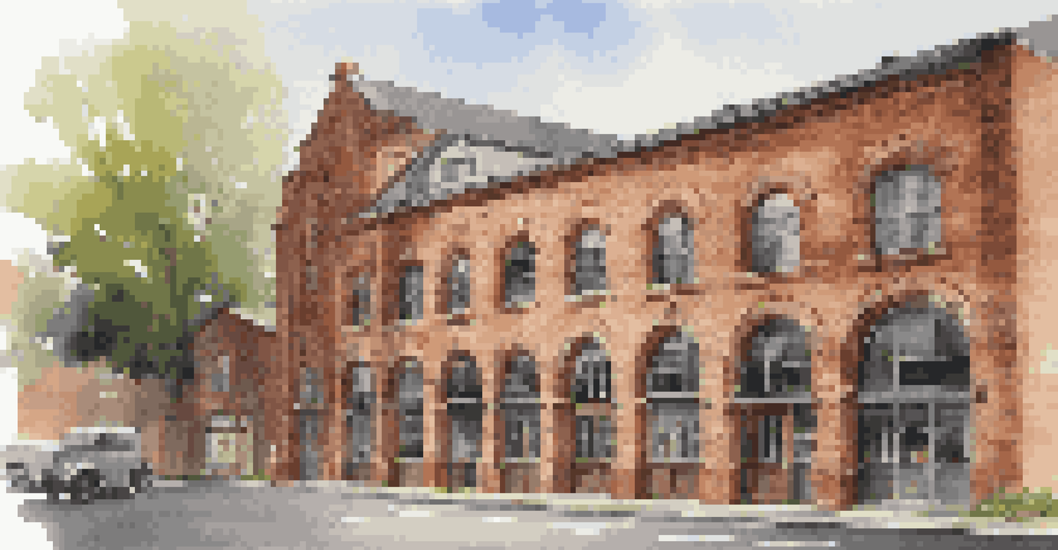 An old mill transformed into a lively mixed-use space, showcasing exposed brick and original machinery, filled with shops and cafes.