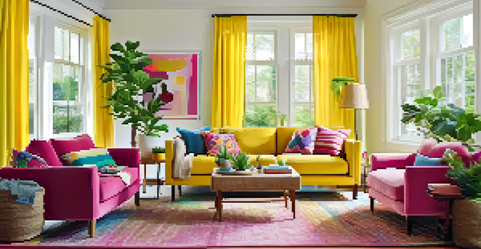 A vibrant living room with a yellow sofa, colorful cushions, and plants, illuminated by natural light.