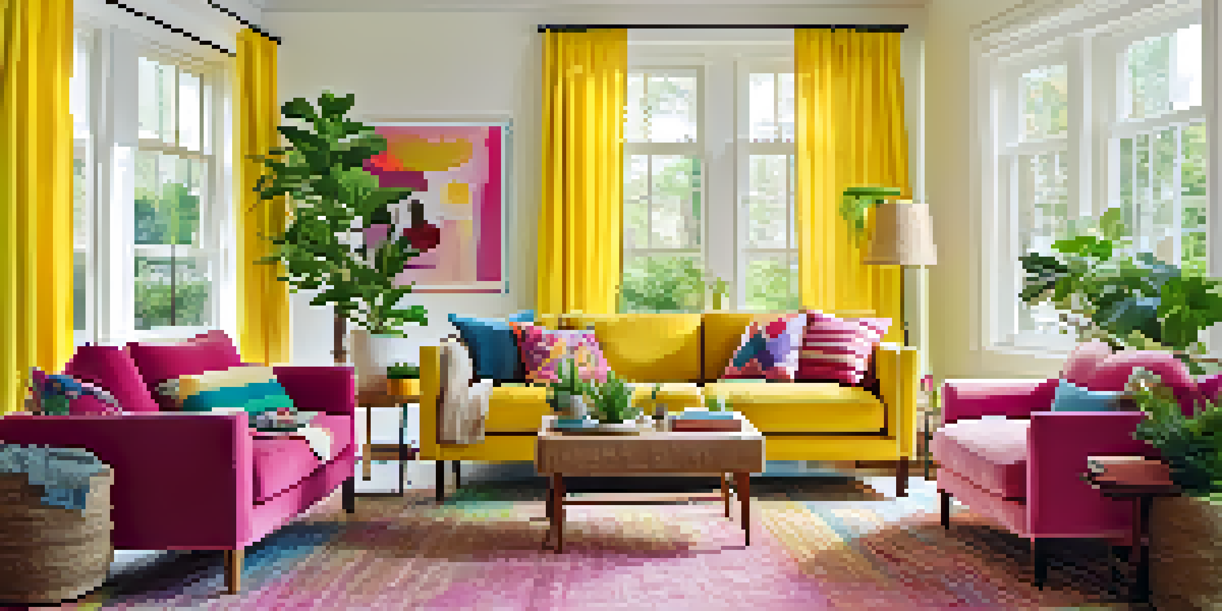 A vibrant living room with a yellow sofa, colorful cushions, and plants, illuminated by natural light.