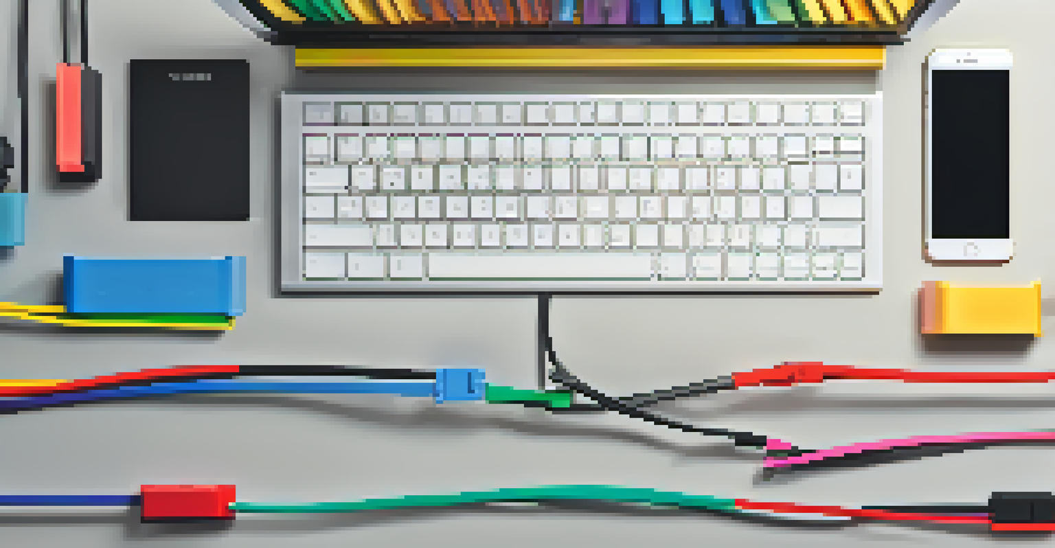 A close-up of organized cables using ties and clips on a sleek desk with a multi-device charger.