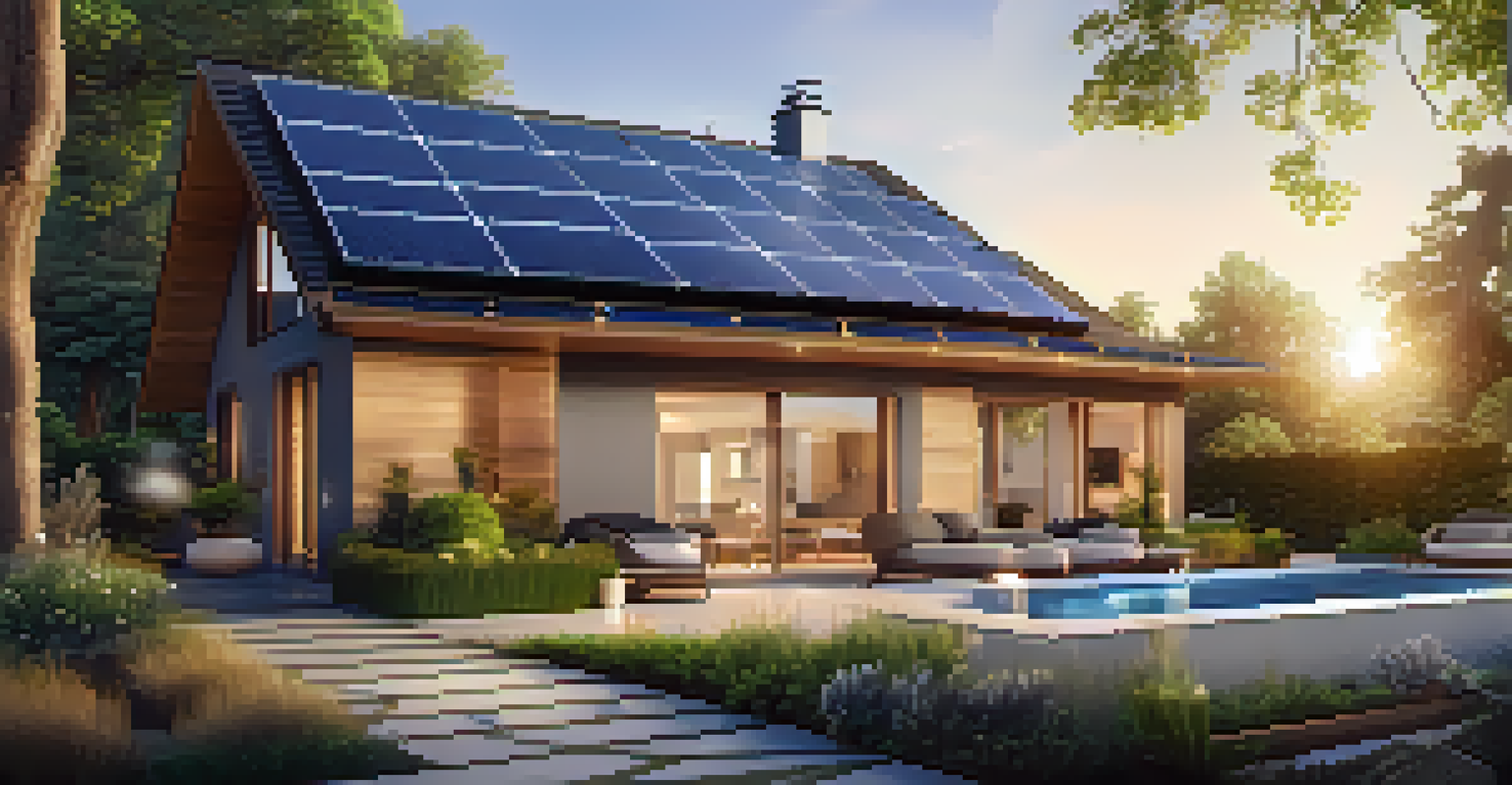 An eco-friendly smart home with solar panels and a garden, showcasing its smart security features during sunset.