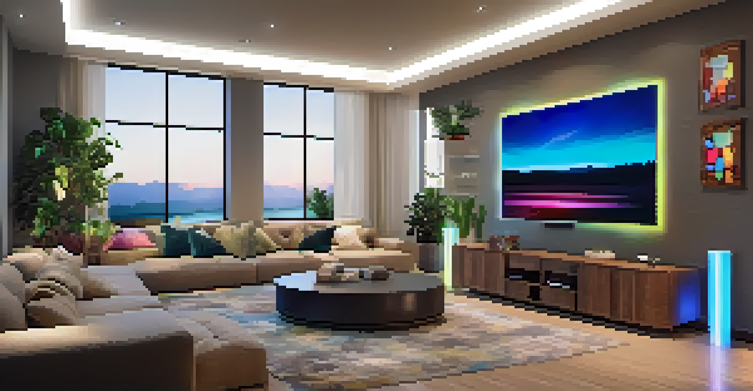A living room with LED strip lights behind the TV, creating a colorful halo effect and enhancing modern decor.