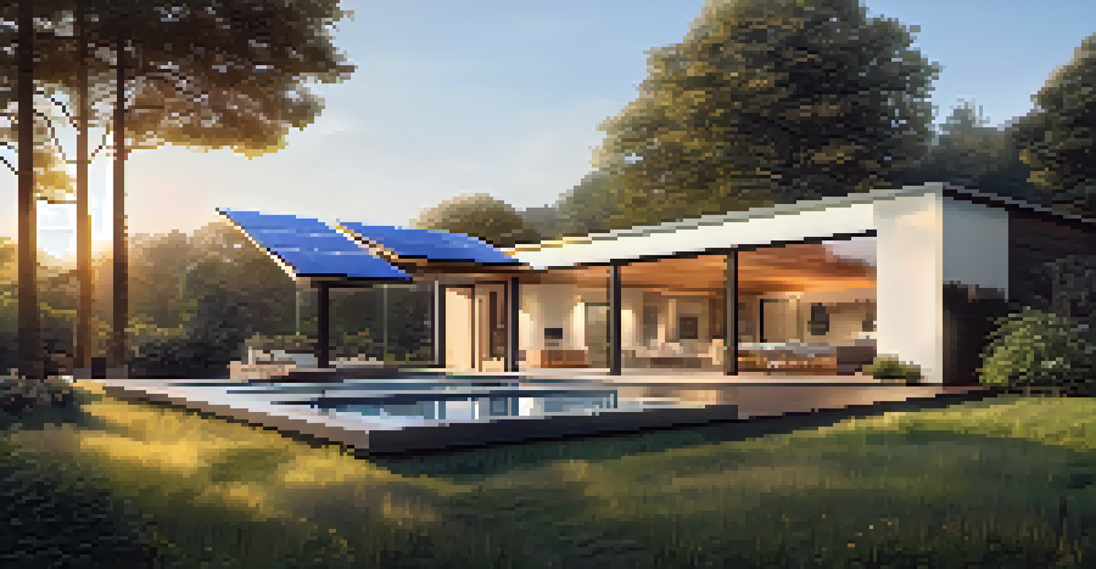 A modern home with solar panels and smart technology set against a sunset backdrop.
