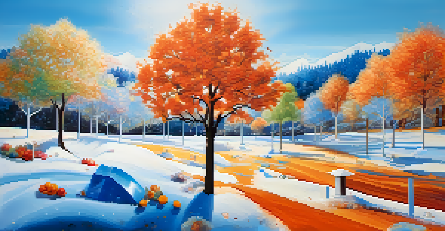 An abstract collage representing seasonal trends in investing with winter, spring, summer, and autumn scenes.