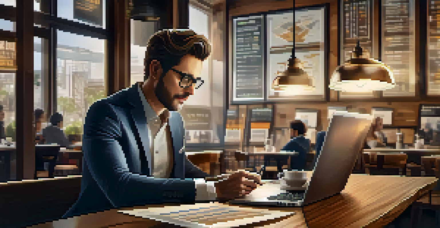 A real estate agent working on a laptop in a cozy coffee shop, analyzing market data with a coffee cup nearby.