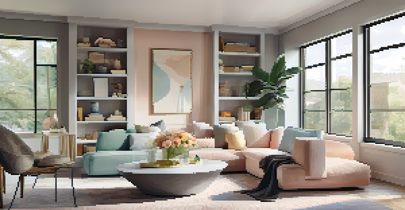 A modern open-concept living room filled with pastel colors, featuring large windows, cozy seating, and a stylish rug.