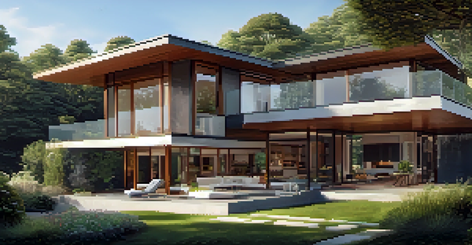 A modern home with large windows surrounded by trees, showcasing a blend of sunlight and shade in a green landscape.