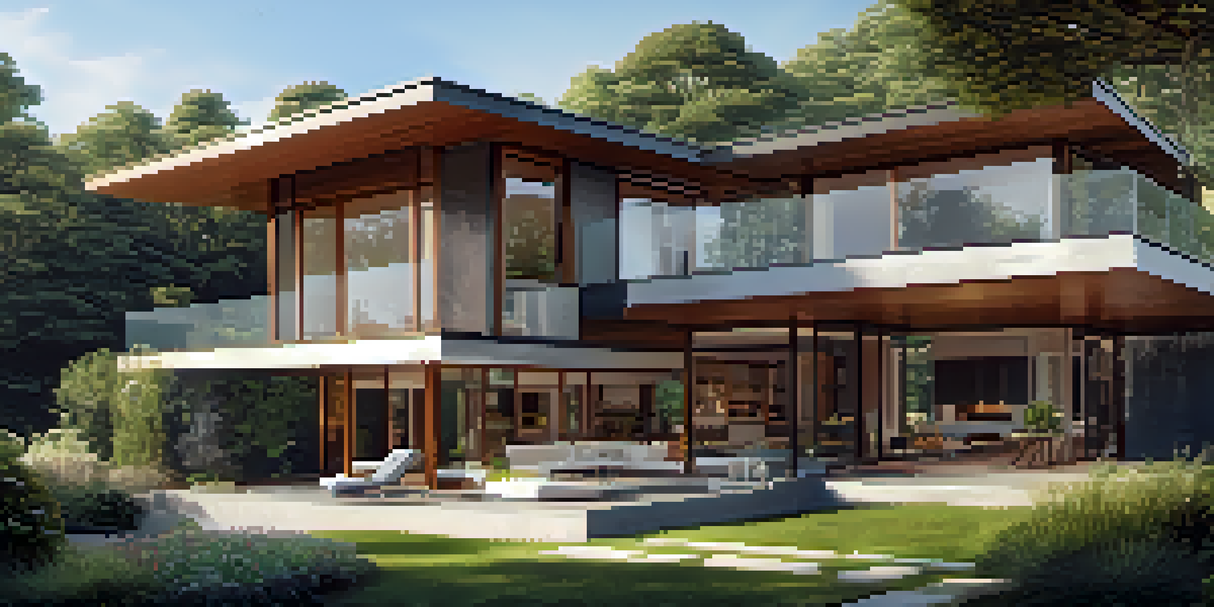 A modern home with large windows surrounded by trees, showcasing a blend of sunlight and shade in a green landscape.