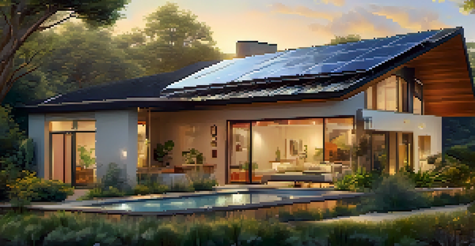 A contemporary sustainable house with solar panels, surrounded by greenery and a garden, illuminated by sunset light.
