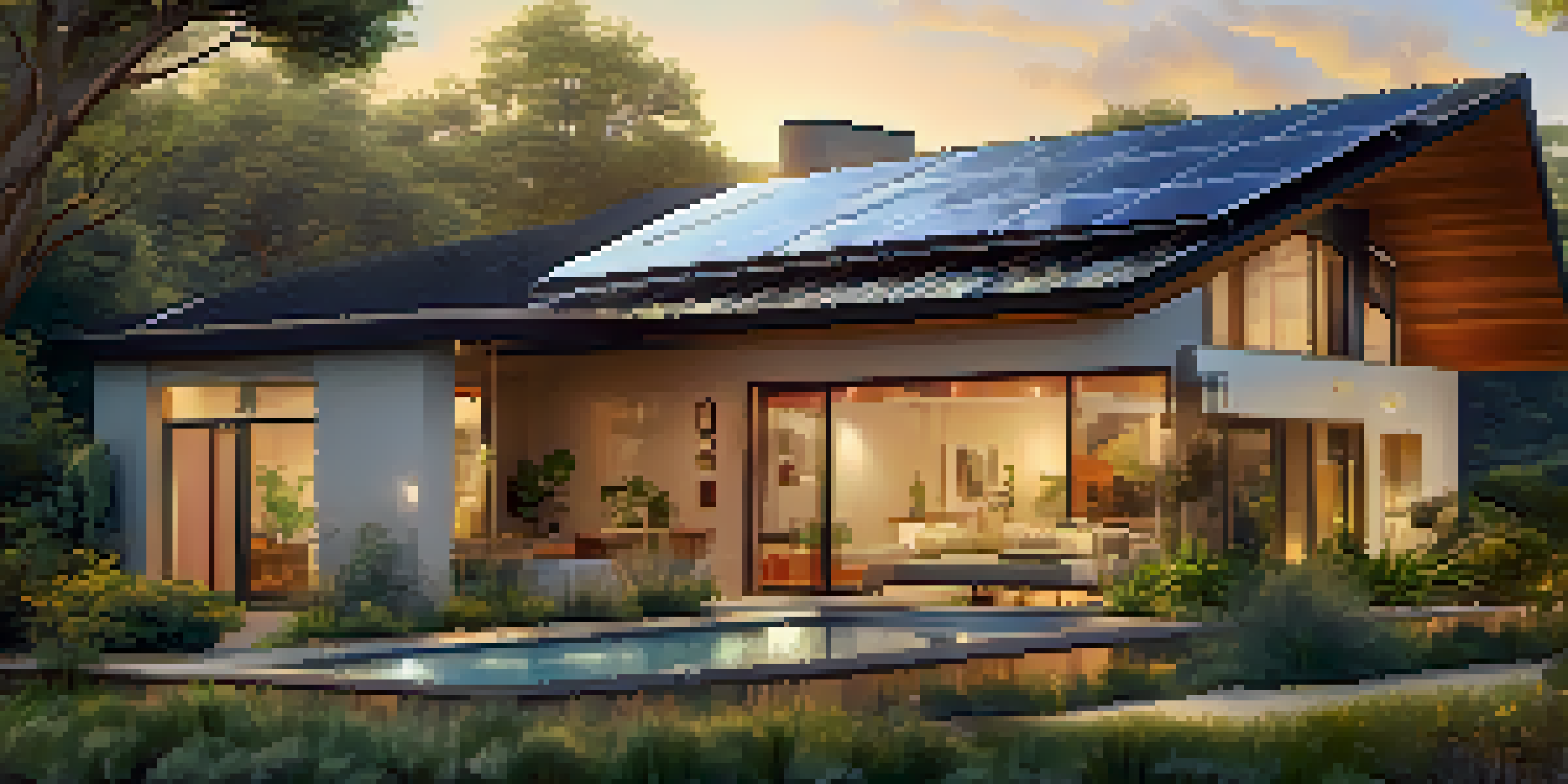 A contemporary sustainable house with solar panels, surrounded by greenery and a garden, illuminated by sunset light.