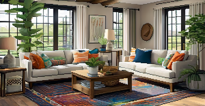 A warm and inviting open floor plan living room with a colorful area rug, comfortable sofa with throw pillows, and large windows letting in natural light.