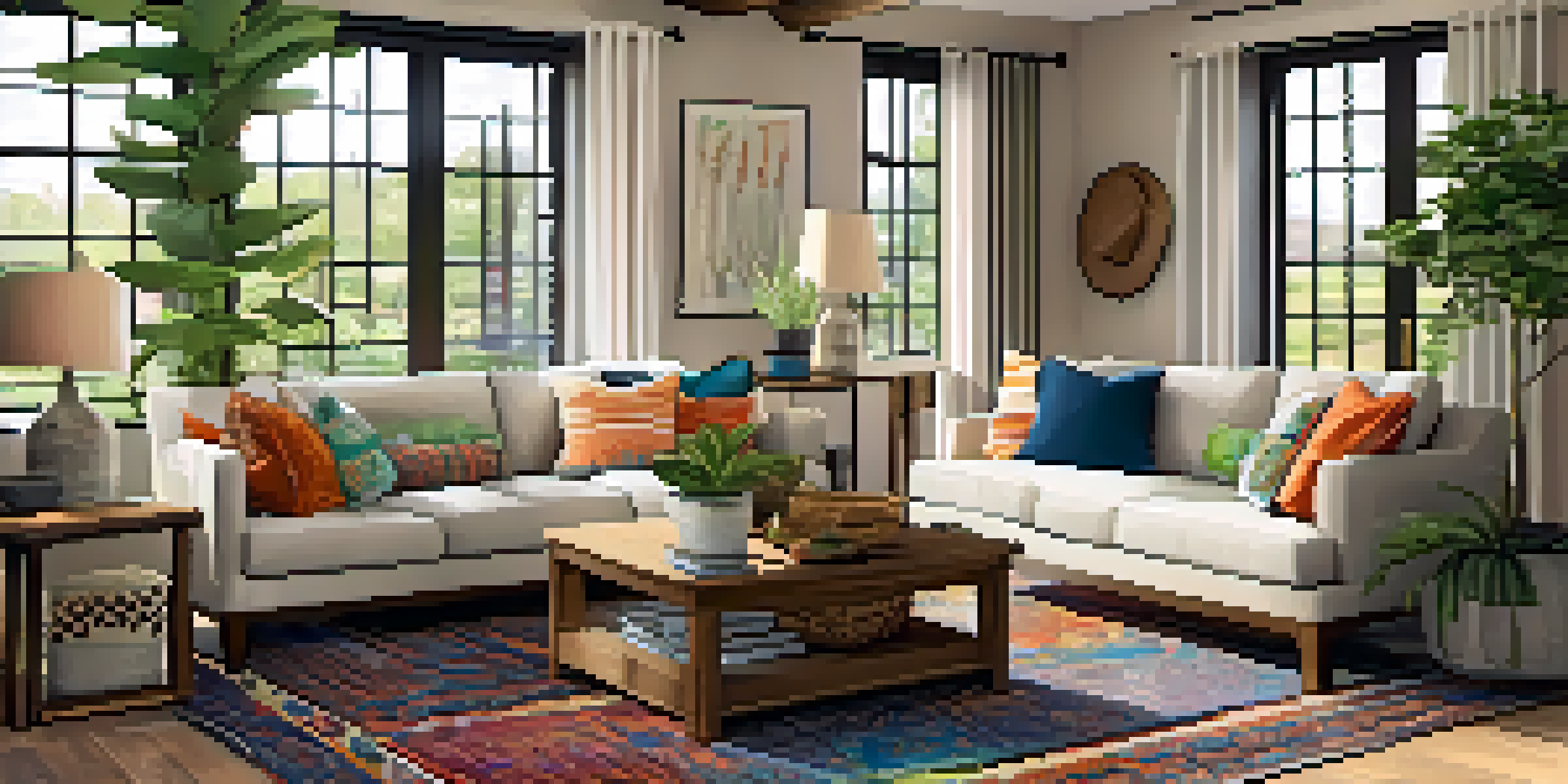 A warm and inviting open floor plan living room with a colorful area rug, comfortable sofa with throw pillows, and large windows letting in natural light.