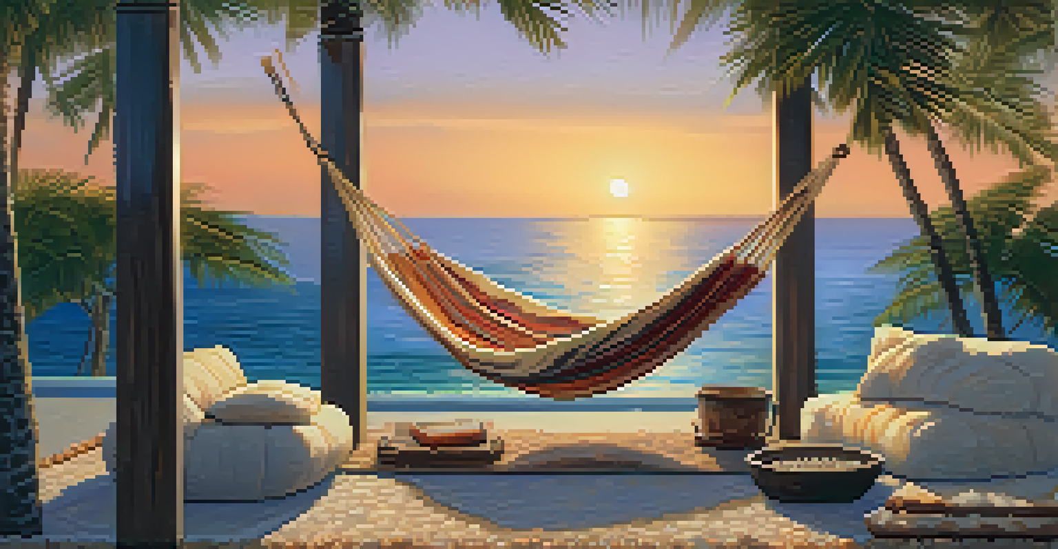 A relaxing lounge area with a hammock, fire pit, and pebbled ground, set against an ocean view.