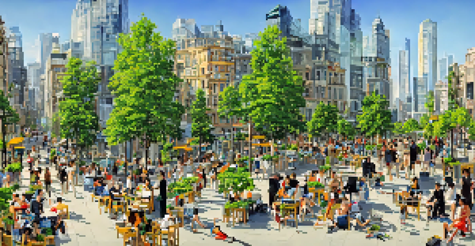 A lively urban scene with various commercial buildings and people enjoying a café terrace in warm afternoon light.