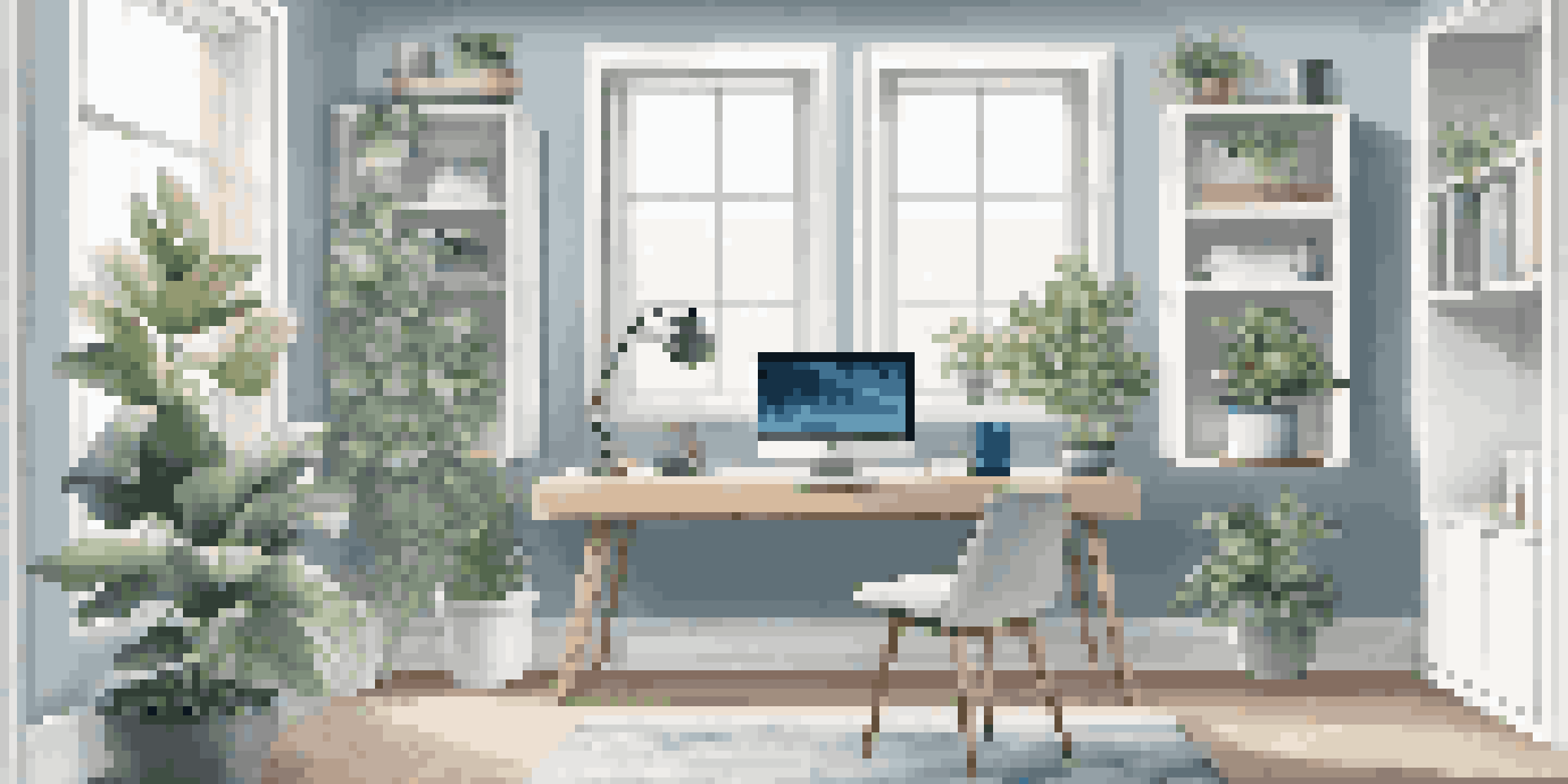 A modern home office setup with a desk, computer, smart speakers, and a thermostat, illuminated by natural light.