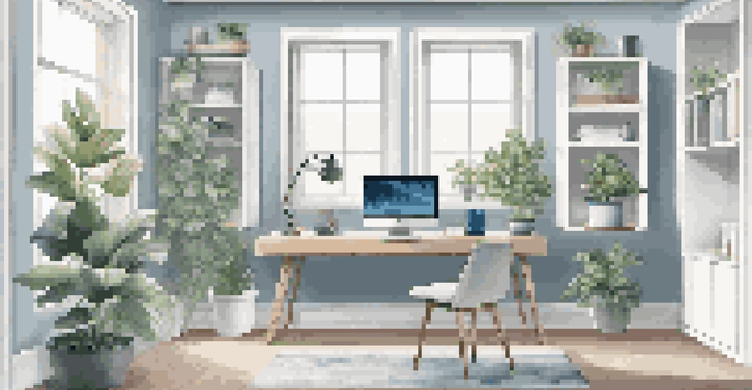 A modern home office setup with a desk, computer, smart speakers, and a thermostat, illuminated by natural light.