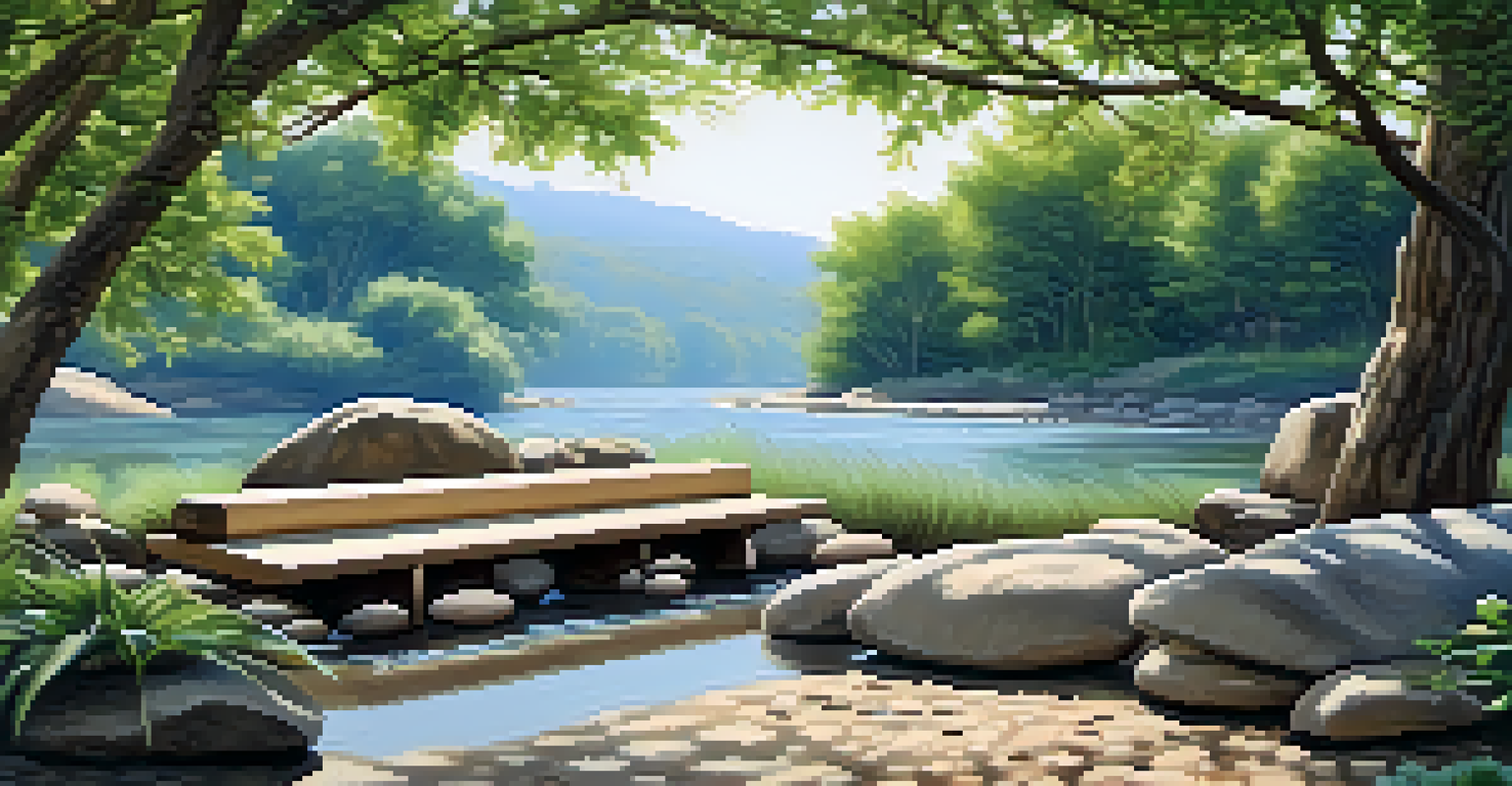 An inviting outdoor seating area beside a flowing stream, with comfortable cushions and plants, creating a serene atmosphere.