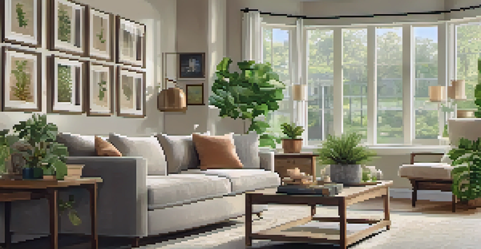 A cozy living room with a sofa, coffee table, and large window allowing sunlight in, decorated with family photos and plants.