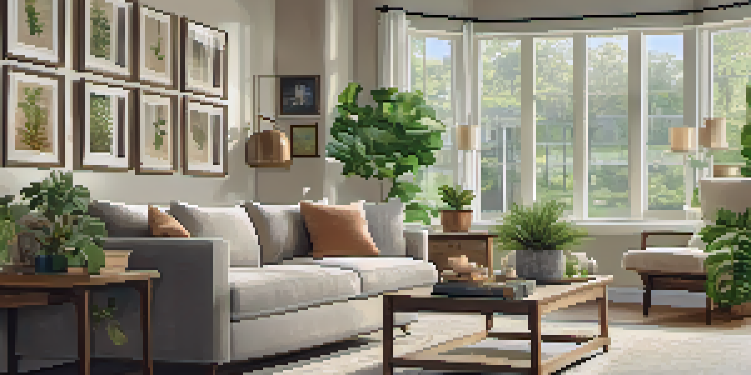 A cozy living room with a sofa, coffee table, and large window allowing sunlight in, decorated with family photos and plants.