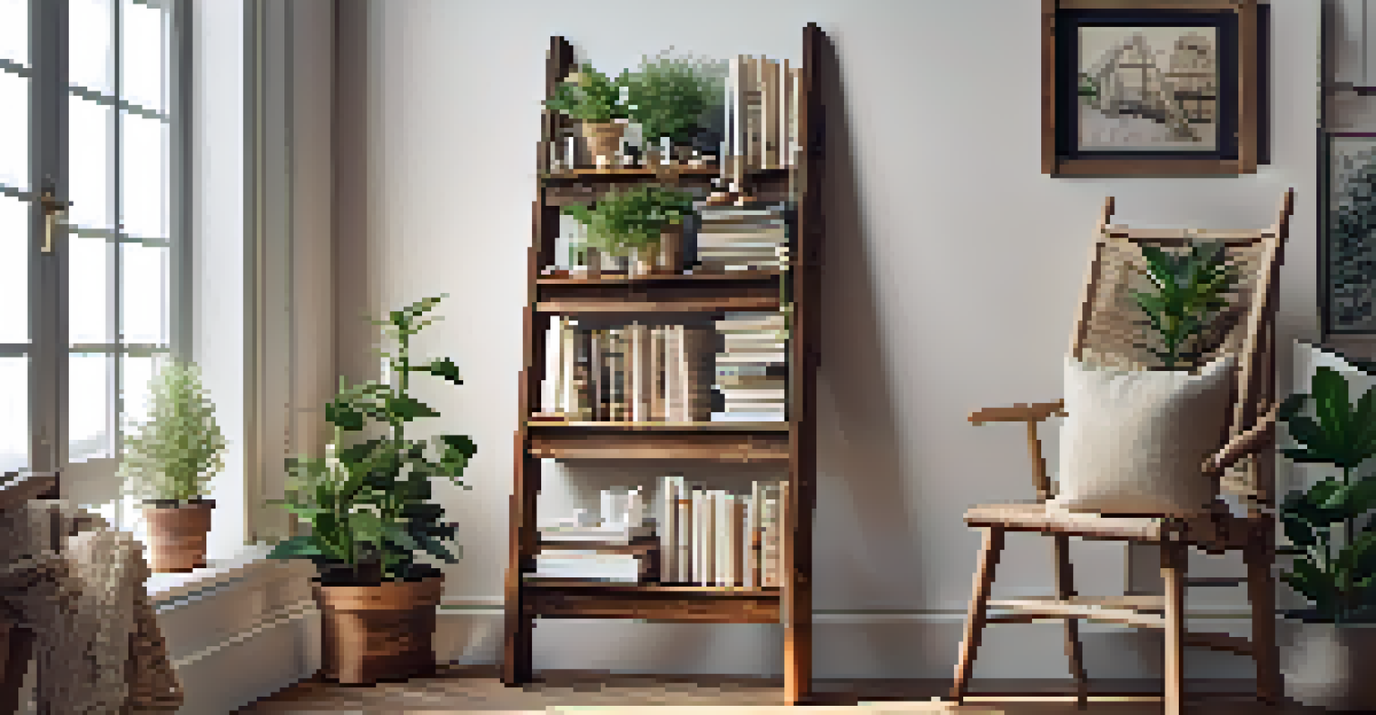 A wooden ladder used as a book display, with books and plants on the rungs, wrapped in fairy lights for a cozy ambiance.