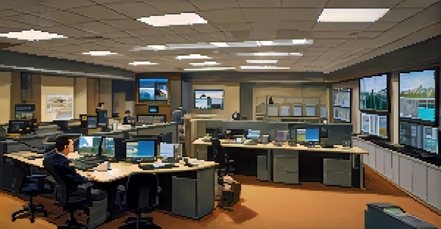 An office interior showcasing a backup generator and security monitors displaying live camera feeds, well-lit to create a secure atmosphere.