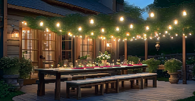 A backyard with a canopy of string lights above a wooden dining table, adorned with lanterns and surrounded by greenery, creating a warm and inviting atmosphere.