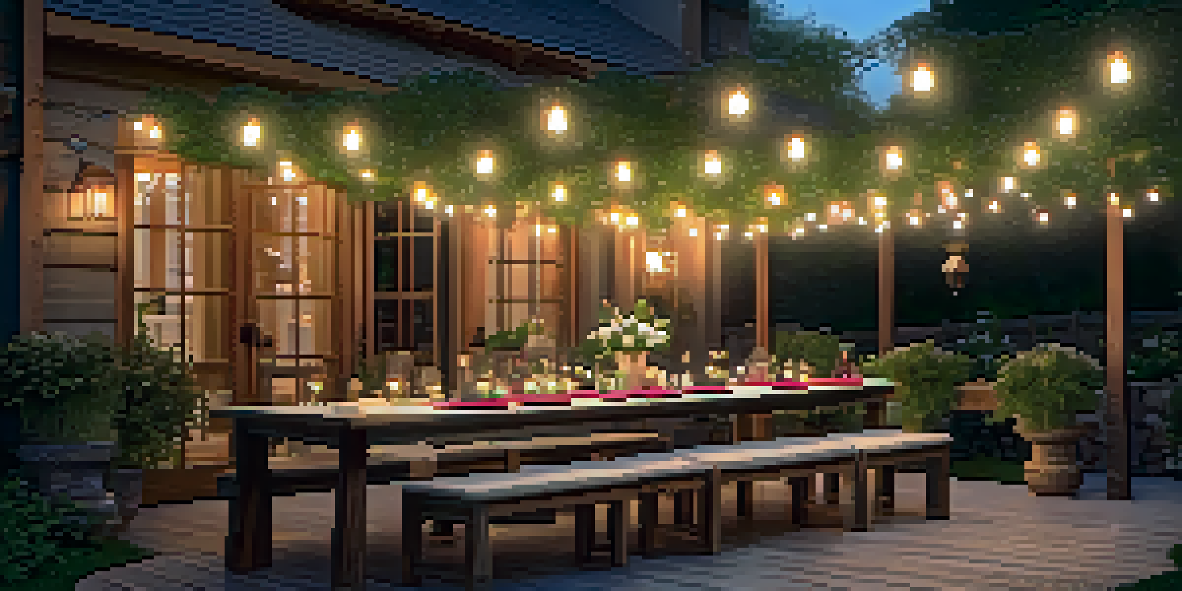 A backyard with a canopy of string lights above a wooden dining table, adorned with lanterns and surrounded by greenery, creating a warm and inviting atmosphere.