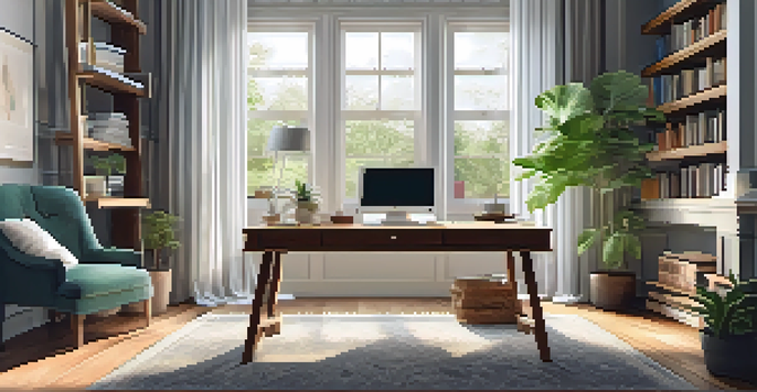 A cozy home office with a wooden desk, laptop, plants, and large window letting in natural light.