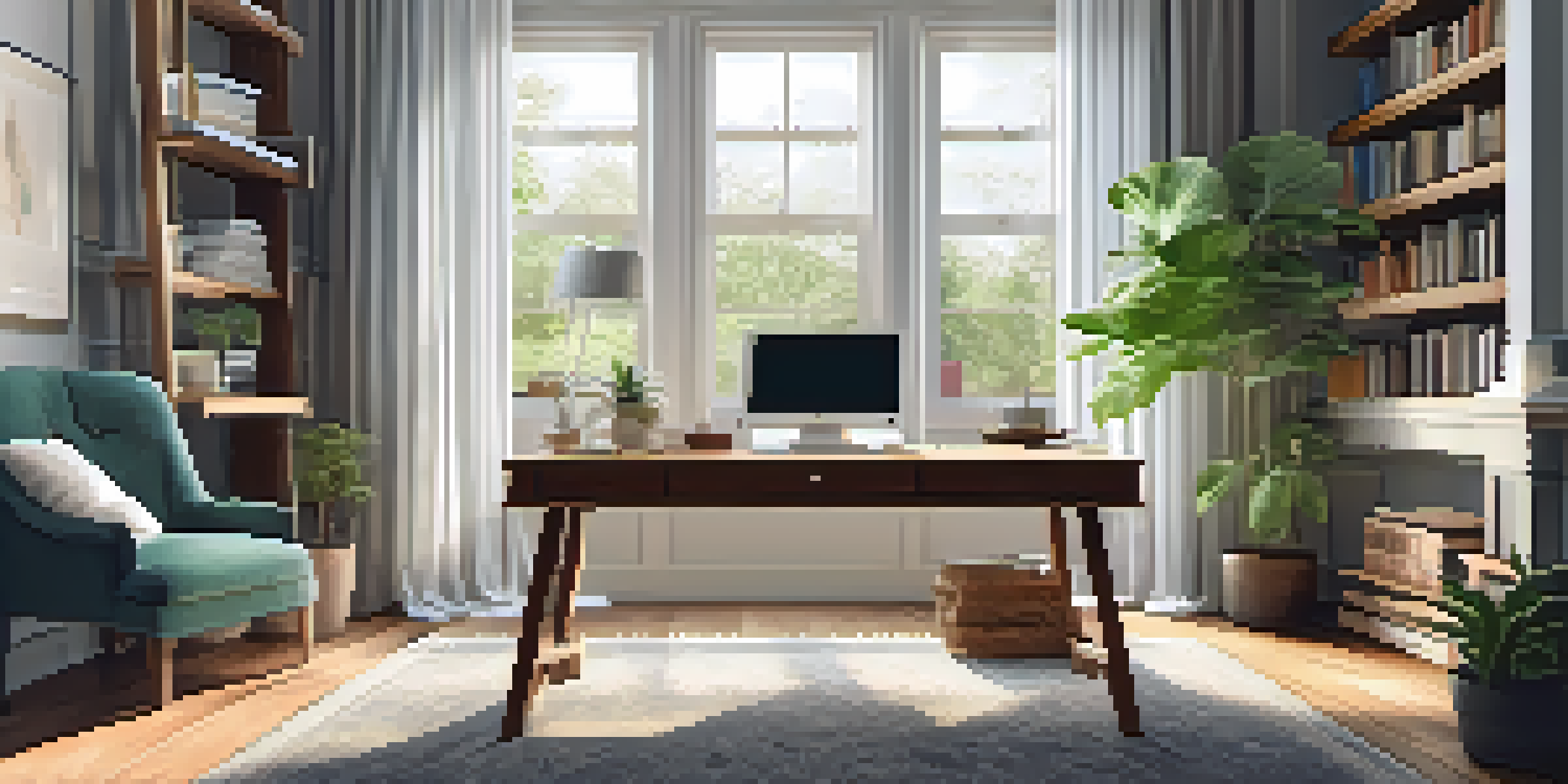 A cozy home office with a wooden desk, laptop, plants, and large window letting in natural light.