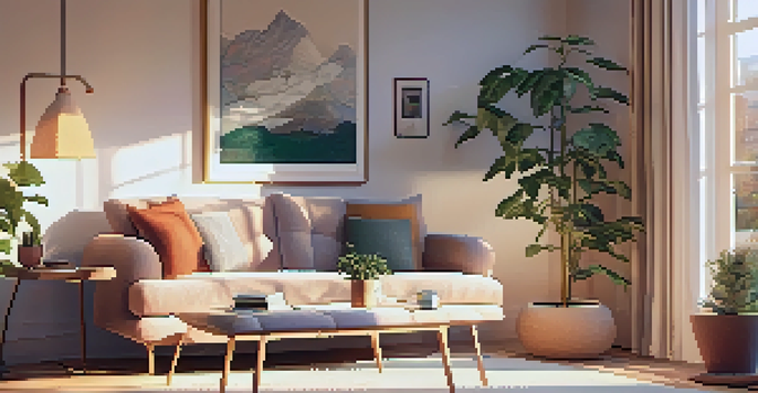 A multi-use living room with a sofa bed, a desk, and a yoga mat, decorated with plants and soft textiles, illuminated by natural light.