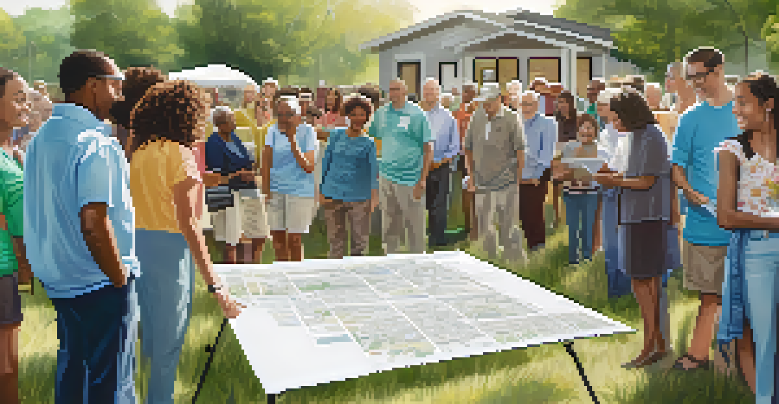 A lively community meeting scene with residents discussing development plans, featuring a poster board of the project and people engaged in conversation.