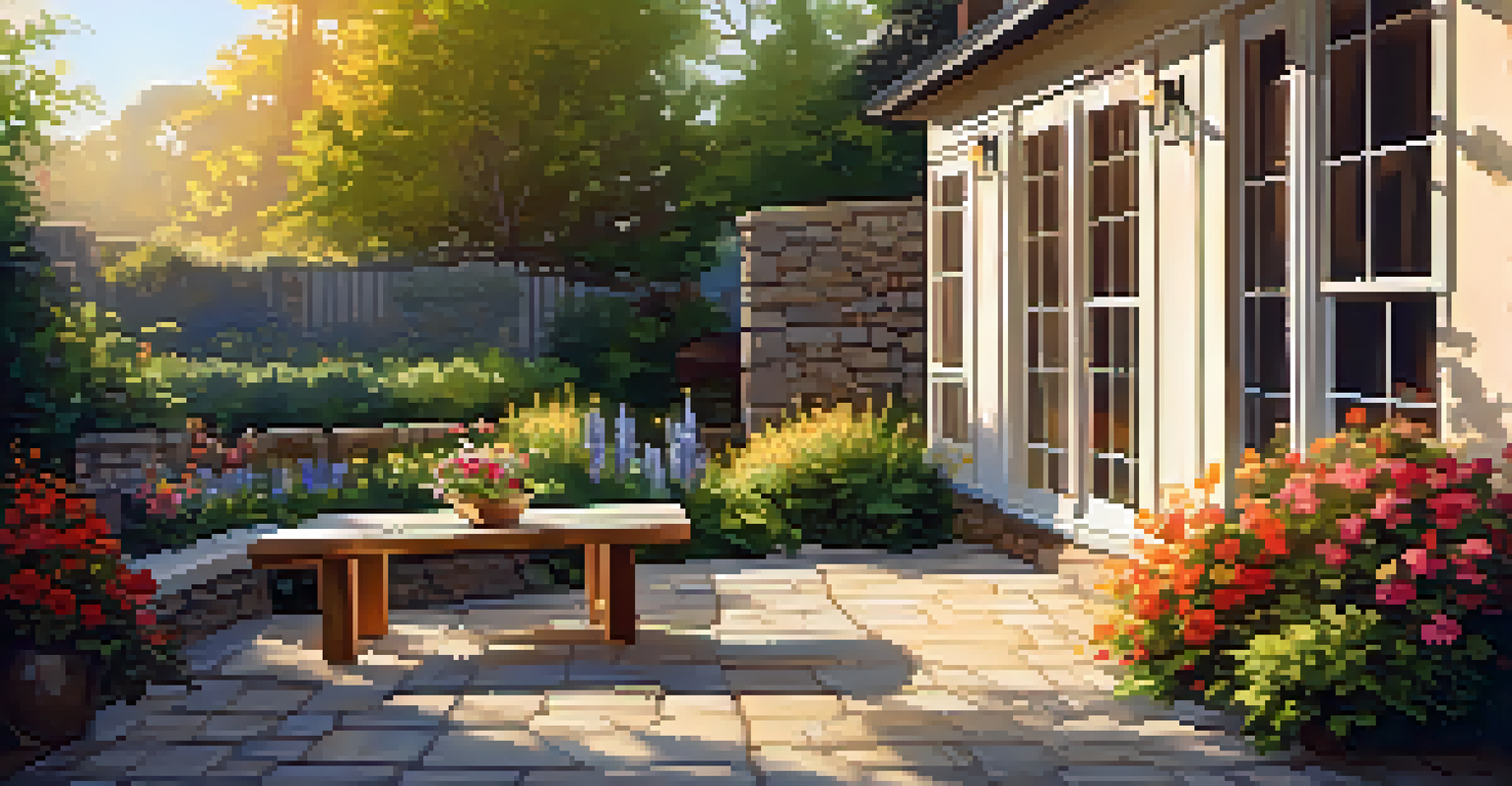 A landscaped garden with colorful flowers and a stone pathway, featuring a rustic seating area, illuminated by golden hour sunlight.