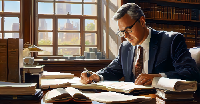 A real estate attorney reviewing a contract at a desk filled with legal documents and books, with natural light illuminating the scene.