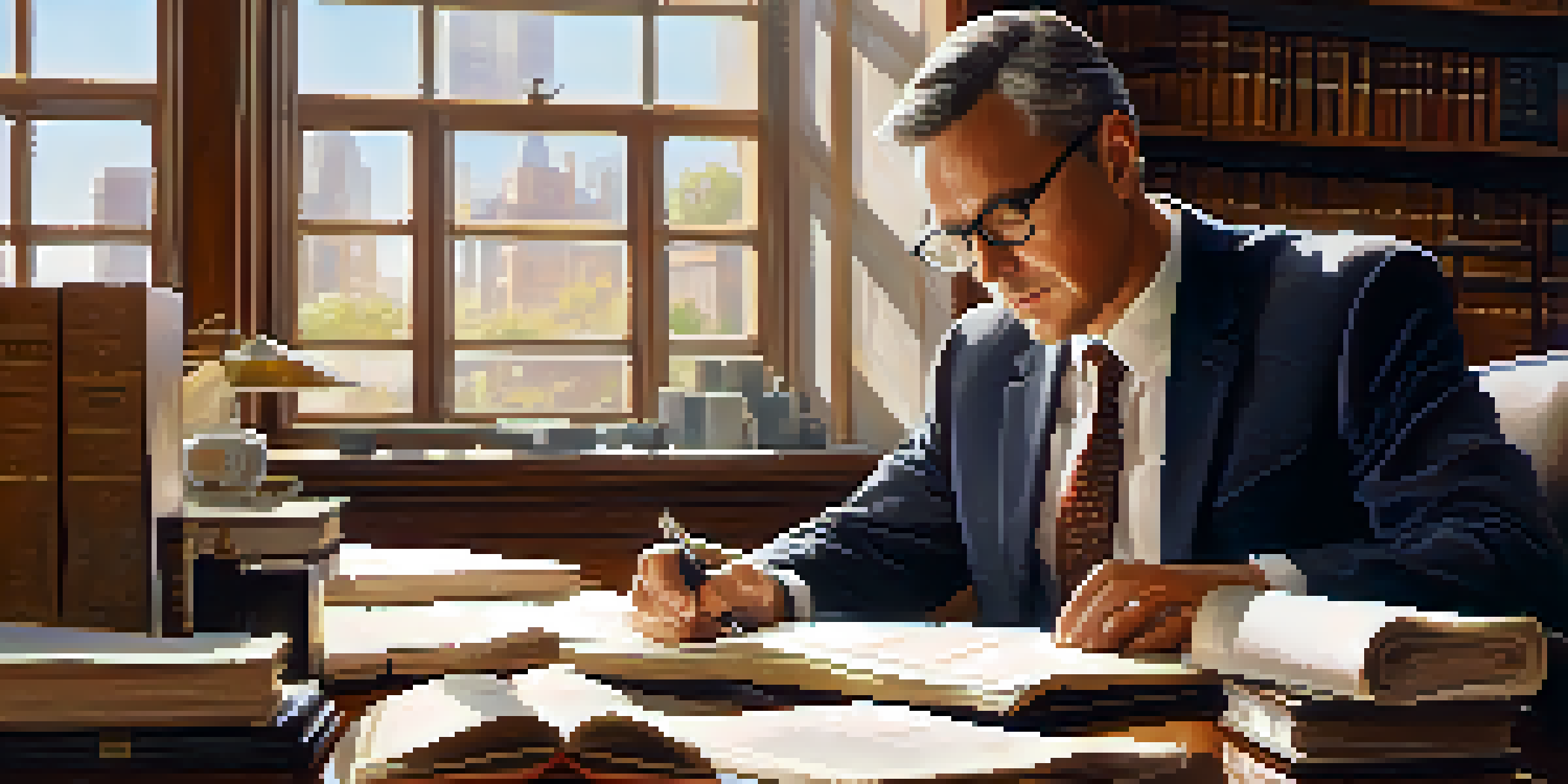 A real estate attorney reviewing a contract at a desk filled with legal documents and books, with natural light illuminating the scene.